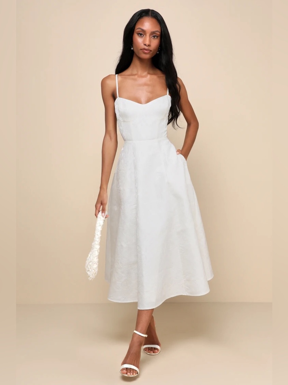 Lulus Meet for Tea White Jacquard Bustier Midi Dress With Pockets Size S NWT